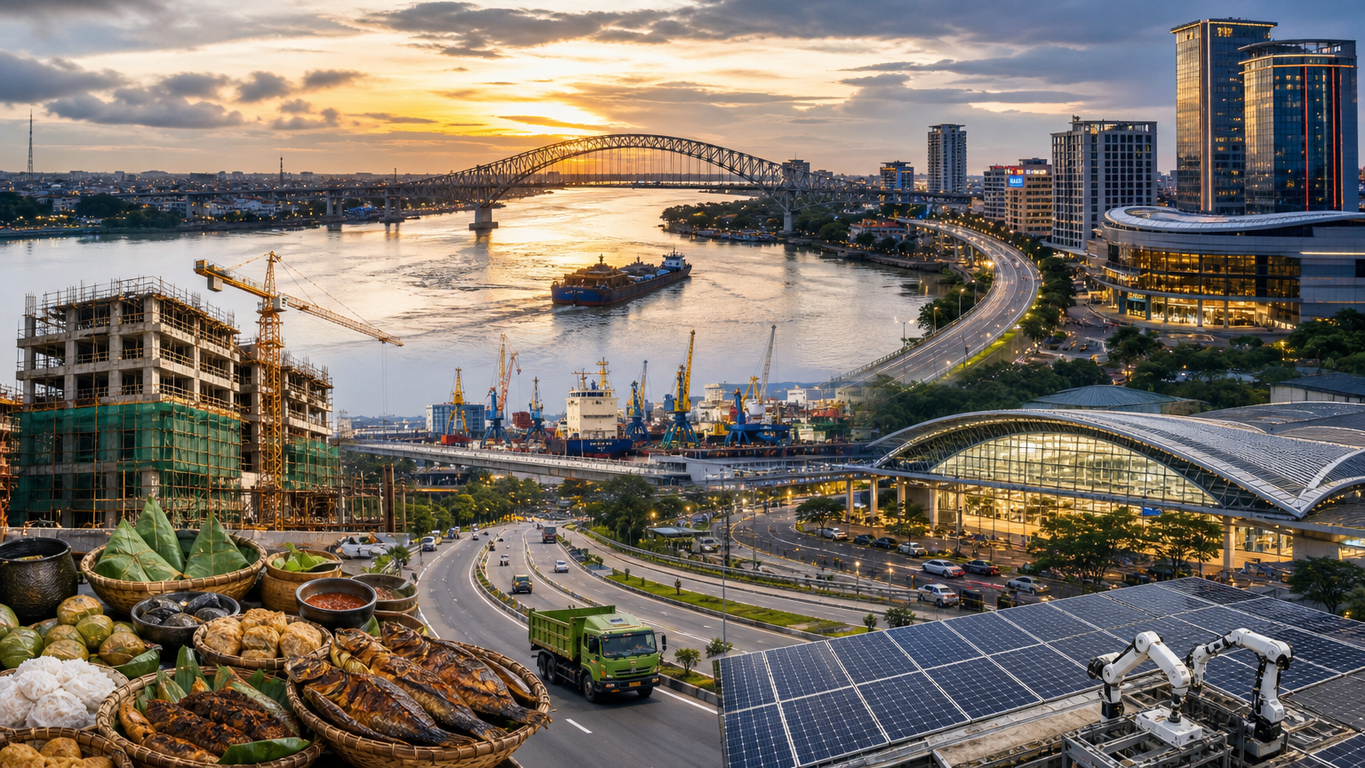Sungai Mahakam dan Jembatan Mahakam di Samarinda pada senja hari