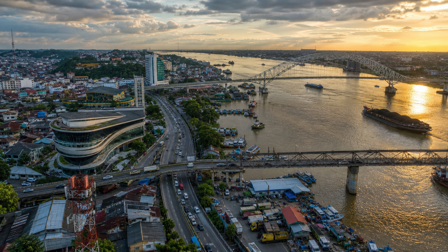Pemandangan Sungai Mahakam di Samarinda dengan Jembatan Mahakam dan perahu kayu.
