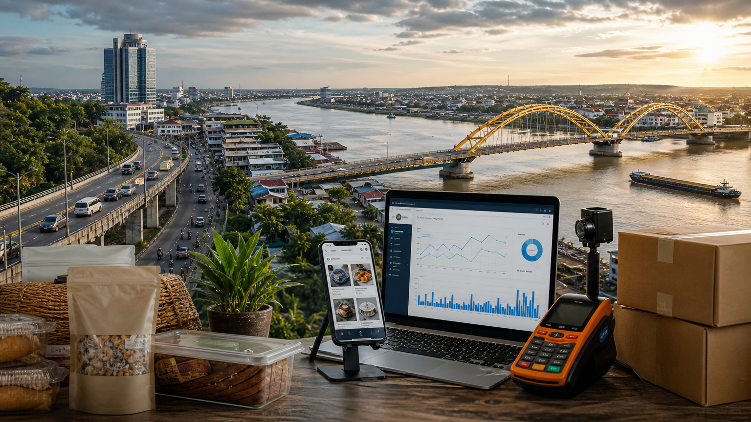 Pemandangan tepi Sungai Mahakam di Samarinda dengan kios usaha dan perangkat pembayaran digital di meja kasir